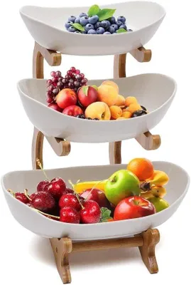 Produktbild von Keramische Obstetagere mit 3 Etagen - Modernes Design, stabile Bambusstandarde