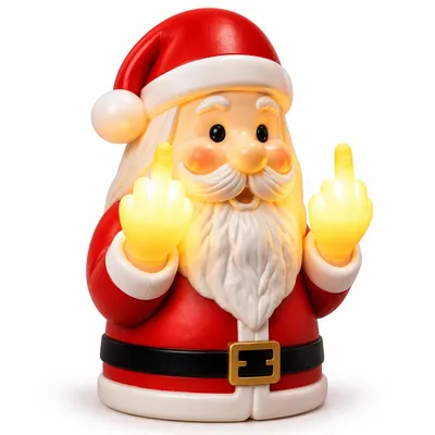 Produktbild von Lustiger LED Weihnachtsmann aus Resin, Weihnachtsdeko mit Mittelfinger-Motiv, handbemalte Figur, Tischlampe & Wanddeko für Weihnachten