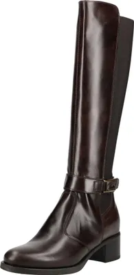 A single brown leather boot on a white background.