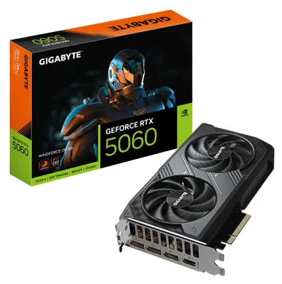 Zdjęcie produktu dla GIGABYTE GeForce RTX 5060 WINDFORCE OC 8G, GeForce RTX 5060, 8 GB, GDDR7, 128 bit, 7680 x 4320 px, PCI Express 5.0
