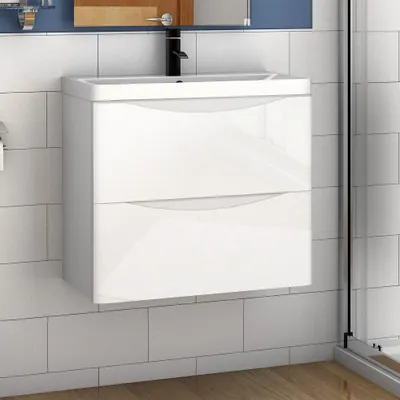 Produktbild von Badmöbel Set Weiß Hochglanz 60 cm Sofia Waschbecken mit Unterschrank Waschtisch