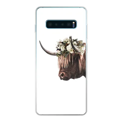 Produktbild von MuchoWow® Handyhülle Schutzhülle Hülle für Samsung Galaxy S10 Plus Schottischer Highlander - Kuh - Rosen Silikon Softcase Handy Hülle - Schutzhülle