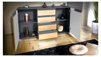 Produktbild von Sideboard Sylt V1, Kommode mit 2 Türen und 4 Schubladen, Korpus - Anthrazit matt/Front und Absetzung - Anthrazit matt (138,5 x 75,5 x 35 cm)