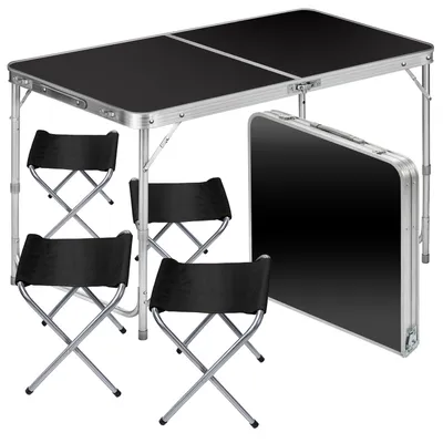 Produktbild von Premium Multifunktions-Campingtisch Set 120x60 cm mit 4 Stühlen – faltbarer Aluminium Klapptisch in Schwarz für Garten, Balkon und Outdoor