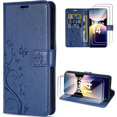 Image de Coque + 2 Verres Trempés pour Xiaomi Redmi Note 14 Pro 5G, Effet Cuir Motif Papillon Plante - Bleu Marine