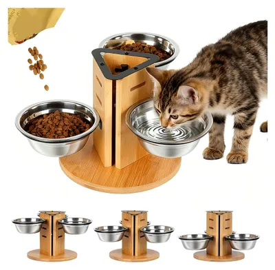 Produktbild von Erhöhtes Katzennapf-Set, Höhenverstellbare Futterstation für Katzen und kleine Hunde, 14 cm Edelstahlnäpfe (350ml), 3 Höhenstufen