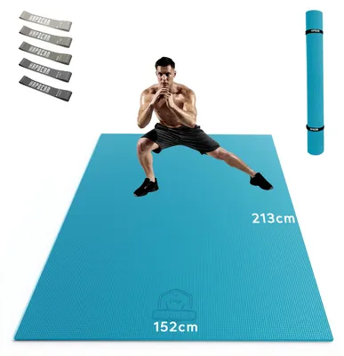 Imagen del producto de HAPBEAR, esterilla de yoga extra grande, 213 cm x 152 cm x 8 mm, esterilla de PVC antideslizante para gimnasia, deporte y fitness, fácil de limpiar, color azul