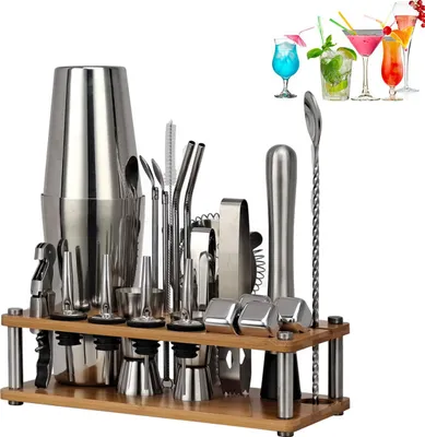 Produktbild von Cocktail Shaker Set 23-teilig, 750 ml Edelstahl Barset mit Bambusständer für Zuhause oder die Bar