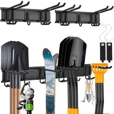 Image de Support mural pour outils de jardinage, support mural de rangement pour garage de 81 cm, support mural pour skis, support robuste comprenant 6 fixations murales + 2 crochets pour outils de jardinage, skis, balais et pelles à feuilles