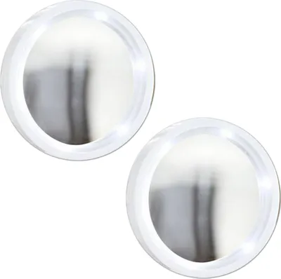 Two round cosmetic mirrors with LED lights around the rim, presented against a white background.