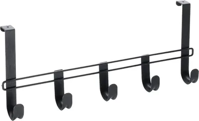 A black over-the-door hook rack with five hooks.