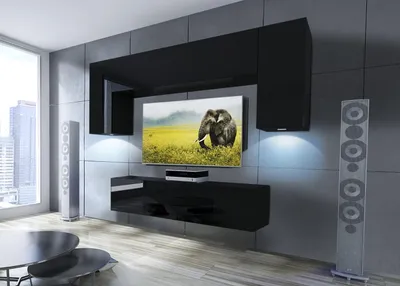 Obrázok produktu pre Furnitech Obývacia stena - Nábytok do obývačky s LED modrou - Závesná moderná stena - Obývacia stena s policami a TV skrinkou (Future C2/HG/B1 1A)