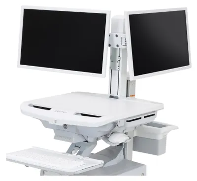 Productafbeelding van Ergotron - Montagematerial (2 VESA-adapters, kabelgeleiders, scharnierboog, hefmotor) - zij-aan-zij - voor 2 LCD-schermen - dual-monitor set - wit - schermgrootte: tot 61 cm (tot 24 inch) - geschikt voor montage op een trolley