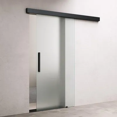 Produktbild von doporro Glasschiebetür komplettset 77,5 x 205cm Schiebetür mit ESG 15mm Wandabstand Zimmertür Glas Vollsatiniert mit Stangengriff Schwarz