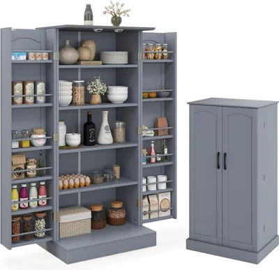 A gray pantry cabinet with its doors open, displaying shelves filled with various food items and kitchenware. A smaller, closed version of the same cabinet is shown to the right.