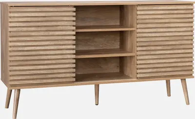 A light brown wooden sideboard with slatted sliding doors and three open shelves.