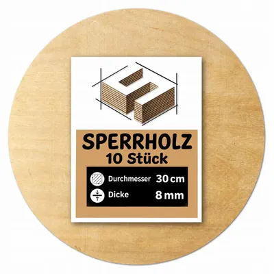 Produktbild von Runde Holzrohlinge aus Birkensperrholz zum Basteln und Bemalen – Lasergravur, CNC-Fräsen, Modellbau, Laubsägearbeiten, Brandmalerei und Decoupage – Ø 30 cm (300 mm) – 8 mm – 10 Stück