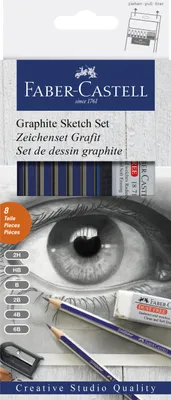 Produktbild von Faber-Castell 114000 - Graphite Sketch Set, 8-teilig, mit 6 Goldfaber Bleistifte, 1 Spitzer, 1 Radierer