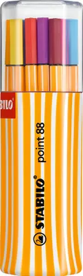 A set of STABILO point 88 fineliner pens in a clear plastic case with an orange and white striped design.