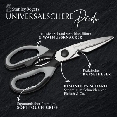 Produktbild von Stanley Rogers Universalschere, Mehrzweckschere mit Softtouch-Griff und Funktionsteil aus Edelstahl, Schere inklusive Kapselheber und Schraubverschlussöffner (Farbe: Schwarz/Grau)
