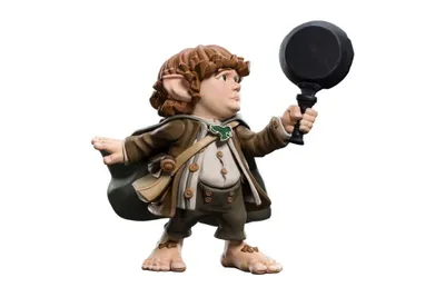 A vinyl figurine of a hobbit character holding a frying pan.