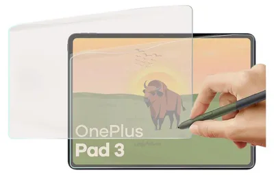 A hand is using a stylus on a tablet screen, which displays a graphic of a bison. A screen protector is shown partially covering the tablet.