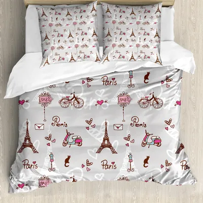Zdjęcie produktu dla Zestaw pościeli ABAKUHAUS Paris, wzór z motocyklami Vespa, manekinem, Wieżą Eiffla, sercami i rysunkami w stylu doodle, 200 x 200 cm + 80 x 80 cm, kolor baby blue, brązowy i różowy