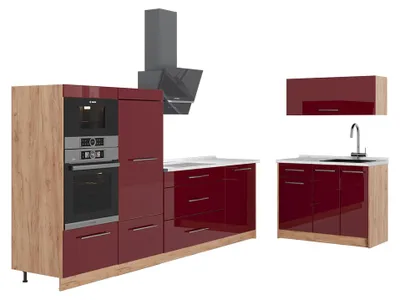 Produktbild von Küchenzeile Vicco Fame-Line Bordeaux Hochglanz/Goldkraft Eiche 380 cm, AP Marmor, Model 64106
