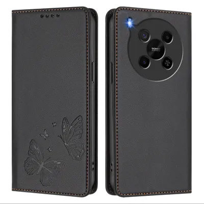 Obrázek produktu pro Kožené pouzdro pro ZTE Blade V70 Max/nubia V70 Max, motýlí ražbou, peněženkové flip pouzdro se stojánkem Černá