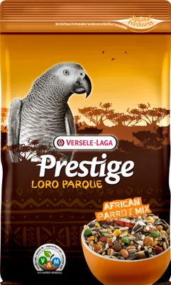 A bag of parrot food with an image of a parrot and a bowl of food.