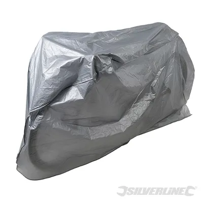 A silver-colored motorcycle cover is shown from a side-diagonal angle against a white background.