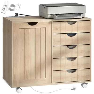 Image de Armoire de rangement pour imprimante - Rangement mobile de bureau - 5 tiroirs - Station de charge USB - Étagère réglable - 78 x 40 x 65,5 cm - Bois naturel