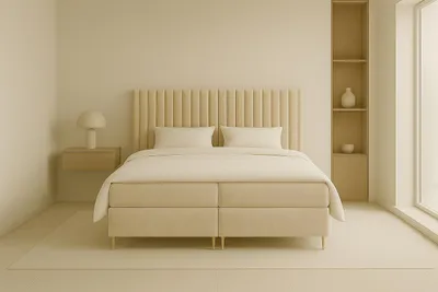 Produktbild von GUTTO postel s pružinovými matracemi JILL 160 x 200cm s úložným boxem TOPPER 5cm béžový velur vysoké zlaté nohy