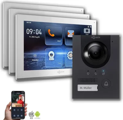 Produktbild von Goliath IP Hybrid Video Gegensprechanlage mit Kamera 10 Zoll Anthrazit : Unterputzdose : 10 Zoll in Weiß : 3 Monitore Monitor Anzahl: 3 Monitore Monitor Auswahl: 10 Zoll in Weiß Türklingel Montagedose: Unterputzdose