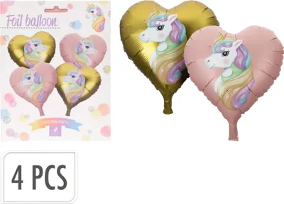 Produktbild von Folienballon Herz mit Einhorn Motiv 25cm 4er Set Rosa / Gold