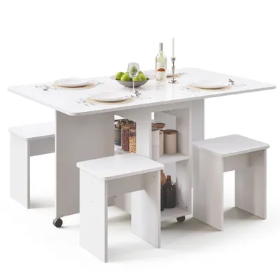 A white dining table set with four stools, showing items on the table and storage shelves below.