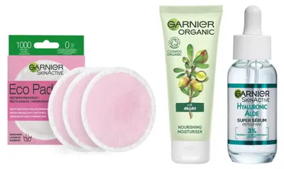 Produktbild von Garnier - Gesichtspflegeroutine – Argan-Creme + Hyaluron-Serum + Abschminkpads