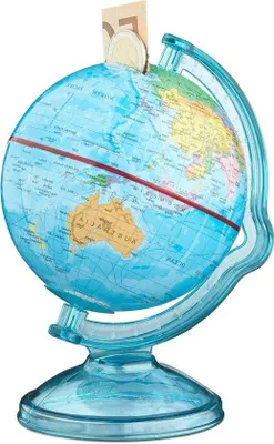 Image de Globe terrestre rotatif avec inscriptions en anglais, bleu, 14 x 14 cm