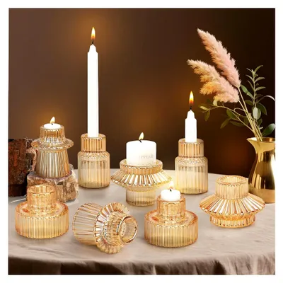 Produktbild von 8er Kerzenhalter aus Glas für Stabkerzen und Teelichter, Tischdeko für Hochzeit, Party und Weihnachten