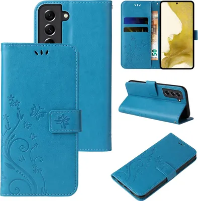 Produktbild von Handyhülle für Samsung Galaxy S22 Floral Blumen Schmetterling Flip Cover Hülle Case Klapphülle Handytasche Farbe: Blau