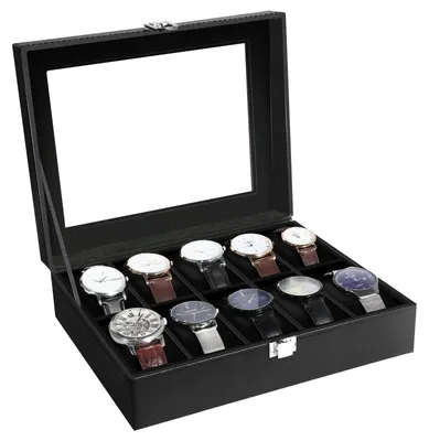 Image de Boîte à montres - Boîte de rangement pour montres - 10 compartiments - Noir - Couvercle en verre