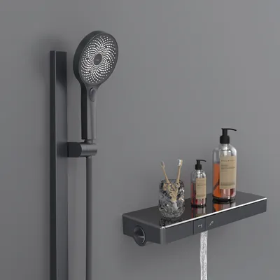 Produktbild von EMKE Duschsystem mit Thermostat 38℃ – Edelstahl Duscharmatur-Set, 3-Strahlarten Handbrause, Bad- & Duscharmaturen, Duschstange in Gunmetal, Anthrazit