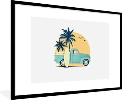 Produktbild von MuchoWow® MuchoWow® Gerahmtes Poster Auto - Surfen - Palme - Zeichnung 90x60 cm - Poster mit zchwarzem Bilderrahmen - Wanddekoration - Fotos