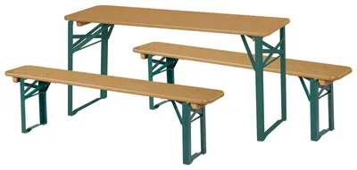 Immagine prodotto di Set da giardino per bambini – Set di sedute in legno per bambini – 2 panche + 1 tavolino – Set di sedute pieghevoli adatto a bambini dai 24 mesi in su – Colore: naturale/verde