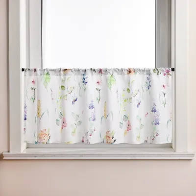 Produktbild von Joyswahl Scheibengardine Bistrogardine Kurz Küche Gardinen mit buntem Blumenmuster Tunnelzug Halbtransparent Weiß HxB 30x90 cm