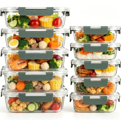 Immagine prodotto di Set di contenitori per alimenti in vetro, 10 pezzi - Contenitori per il pranzo / Contenitori per la conservazione - Resistenti alle perdite - Ermetici - Adatti al microonde - Lavabili in lavastoviglie - Sicuri per gli alimenti - Grigio