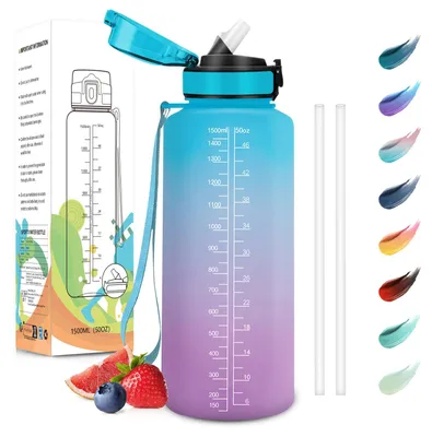 Immagine prodotto di Borraccia da 1500 ml, senza BPA, blu e viola, con cannuccia, a prova di perdite, ideale per lo sport