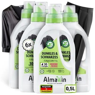 Produktbild von AlmaWin® Waschmittel Schwarze Wäsche [6x 750ml - 180 Ladungen] für strahlende Farben frei von Verblassen - Veganes Waschmittel schwarz für schonende Reinigung mit Waschnuss [20-60°C]