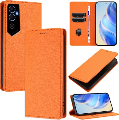 Produktbild von Litchi Leder Handyhülle für Tecno Pova Neo 2 Wallet Kartenfächer Standfunktion Hülle Orange