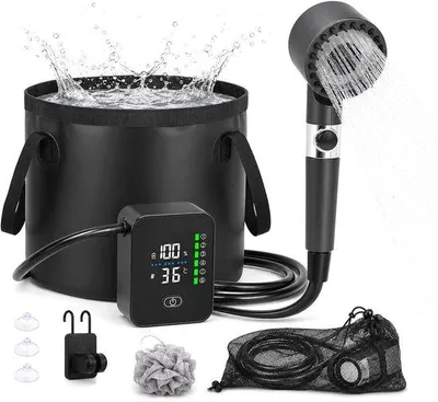 Produktbild von Tragbare Solardusche mit 8000 mAh, LCD-Display, Campingdusche mit Pumpe und filterbarem Duschkopf, geeignet für Garten, Autowäsche, Strand, Camping und Haustiere